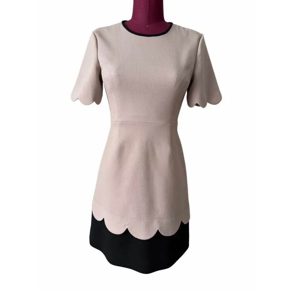 Kate Spade Mini Dress‎ Sponge Crepe Scallop Short Sleeve Mushroom Tan Black size